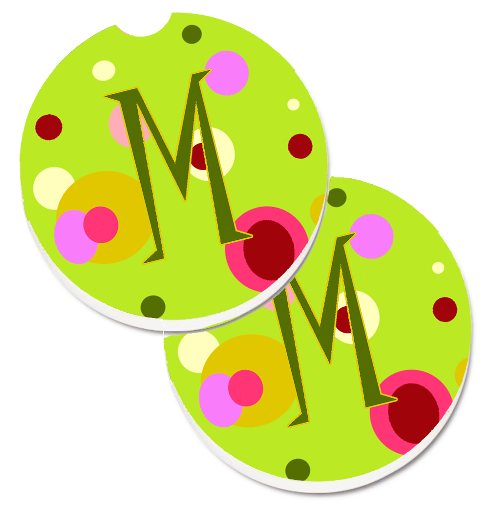 CJ1010-MCARC Letter M Monogram Lime Green Set of 2 Cup Holder Car Coaster