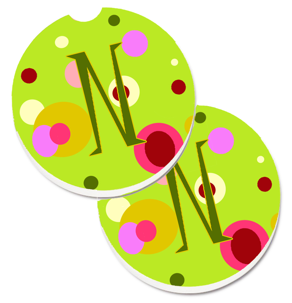 Letter N Monogram Lime Green Set of 2 Cup Holder Car Coaster