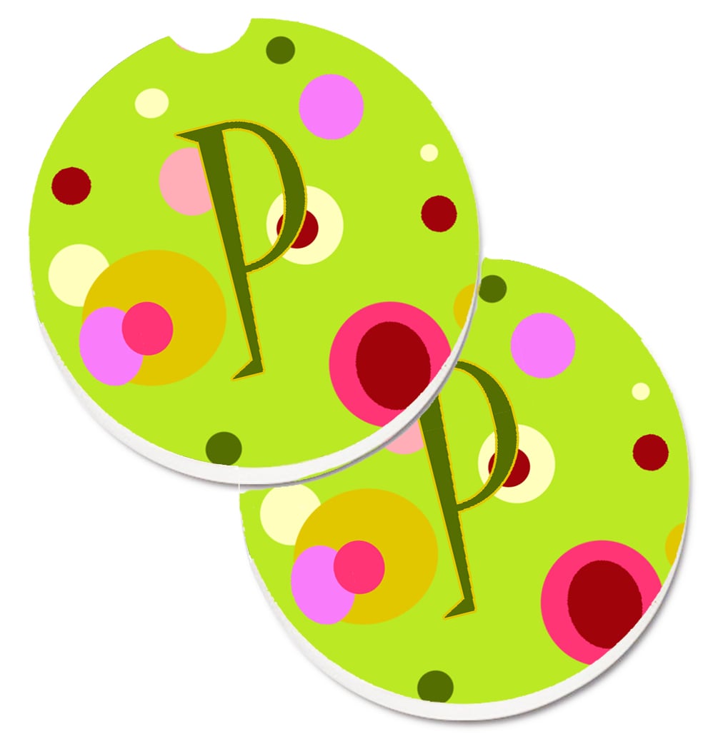 CJ1010-PCARC Letter P Monogram Lime Green Set of 2 Cup Holder Car Coaster