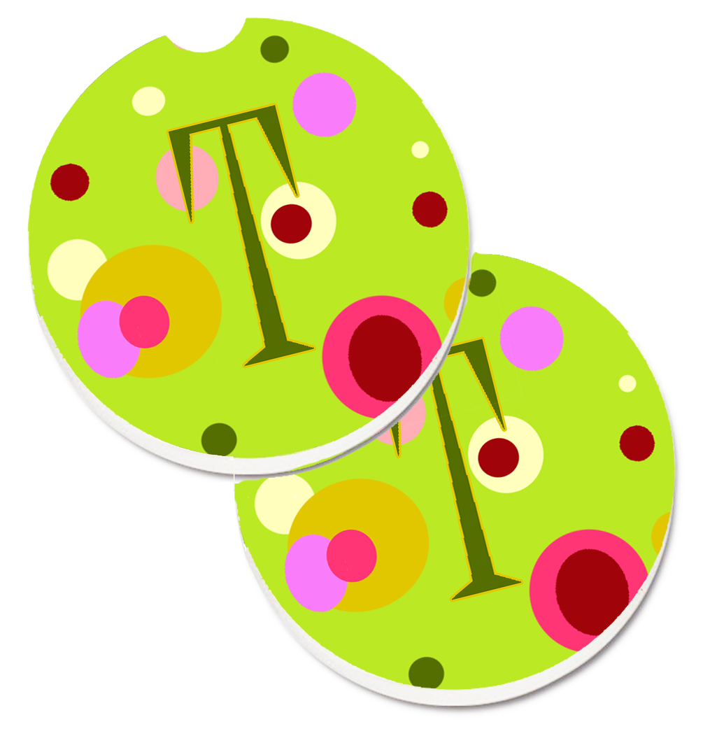 CJ1010-TCARC Letter T Monogram Lime Green Set of 2 Cup Holder Car Coaster