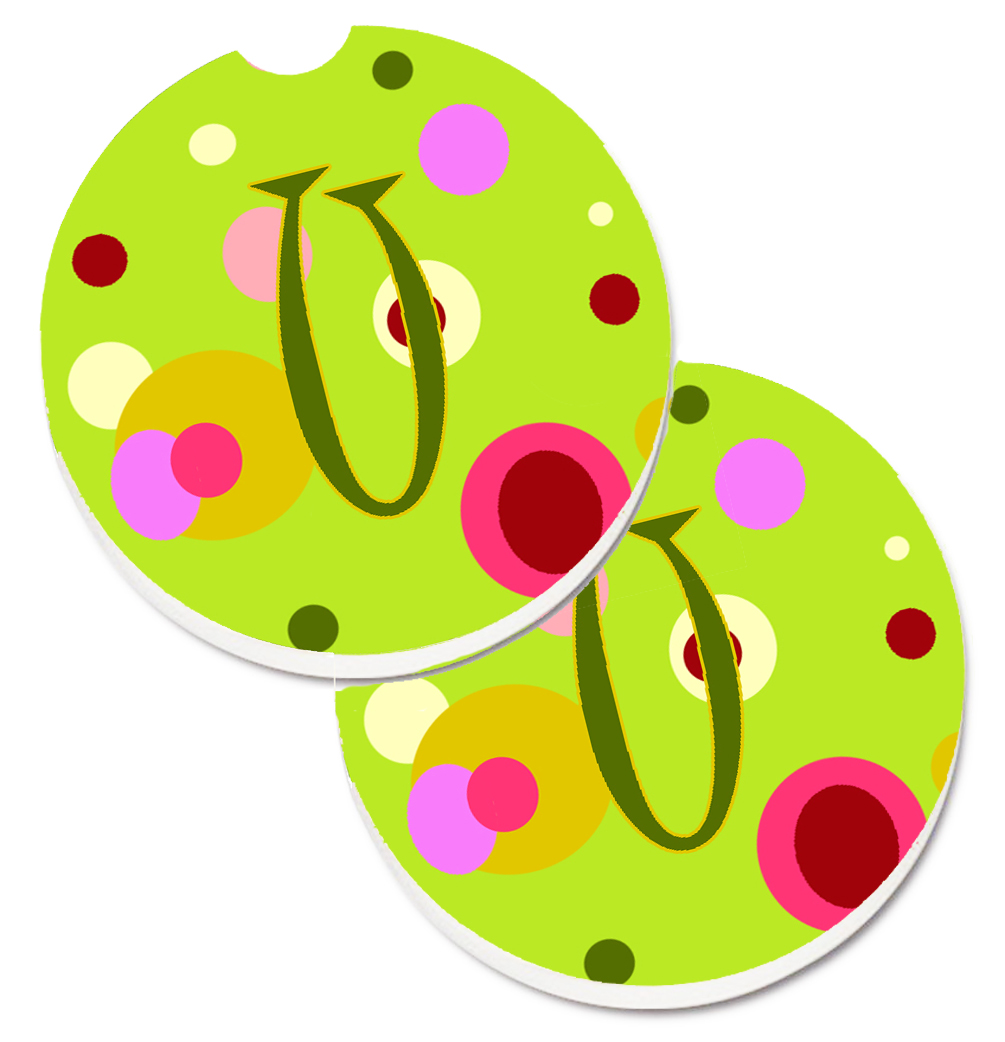 Letter U Monogram Lime Green Set of 2 Cup Holder Car Coaster