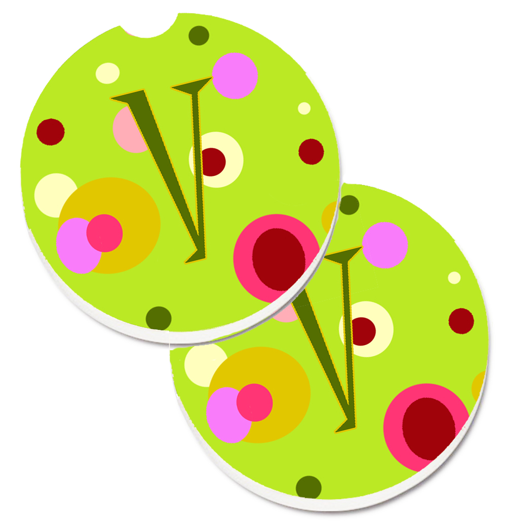 CJ1010-VCARC Letter V Monogram Lime Green Set of 2 Cup Holder Car Coaster