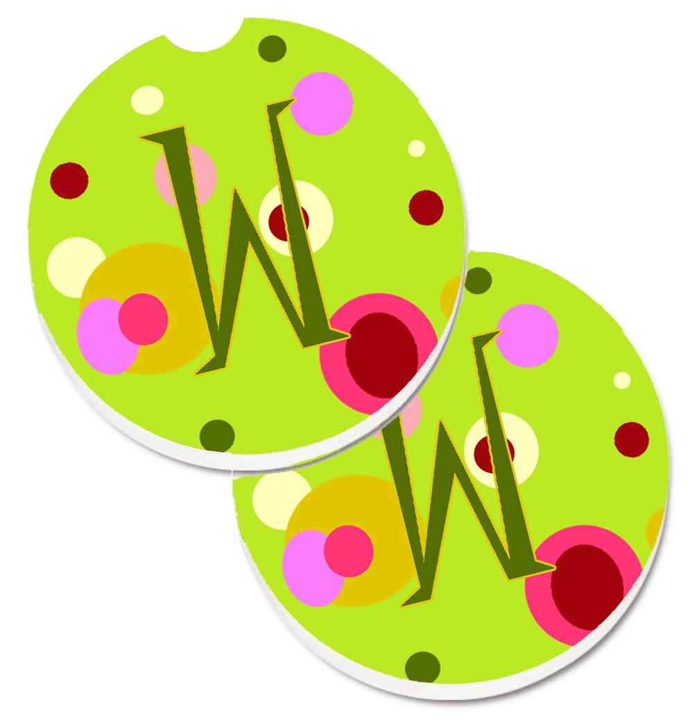 CJ1010-WCARC Letter W Monogram Lime Green Set of 2 Cup Holder Car Coaster