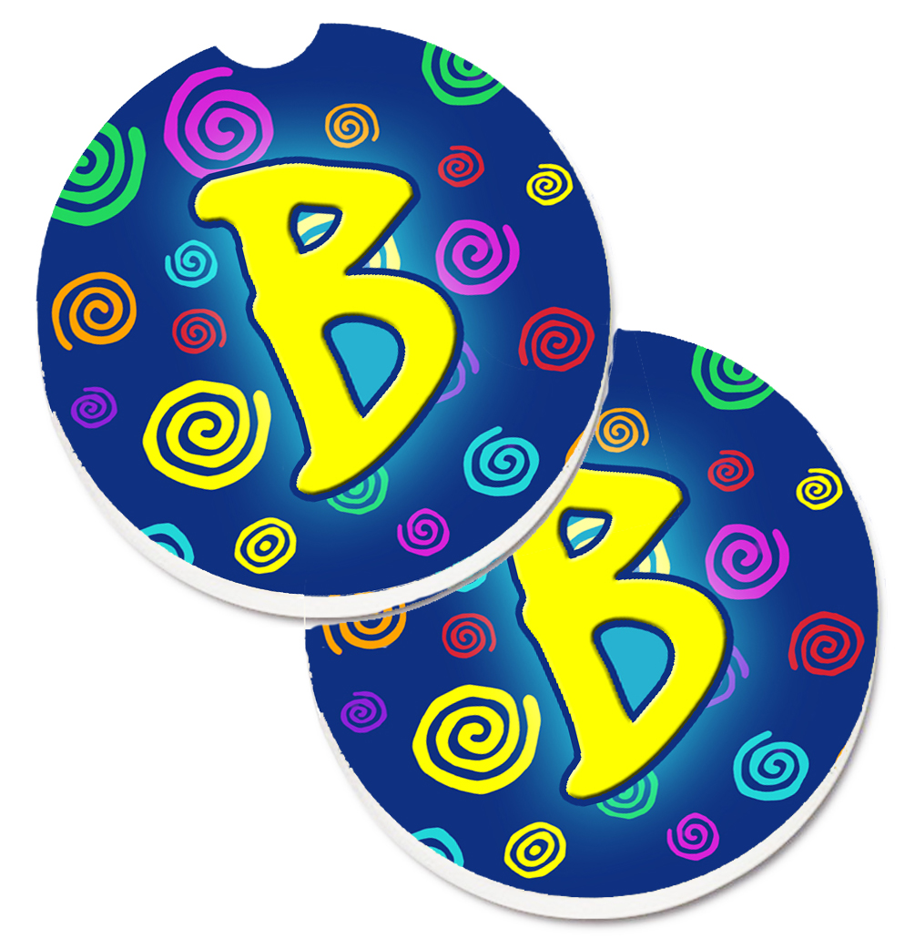 CJ1011-BCARC Letter B Initial Monogram Blue Swirls Set of 2 Cup Holder Car Coaster