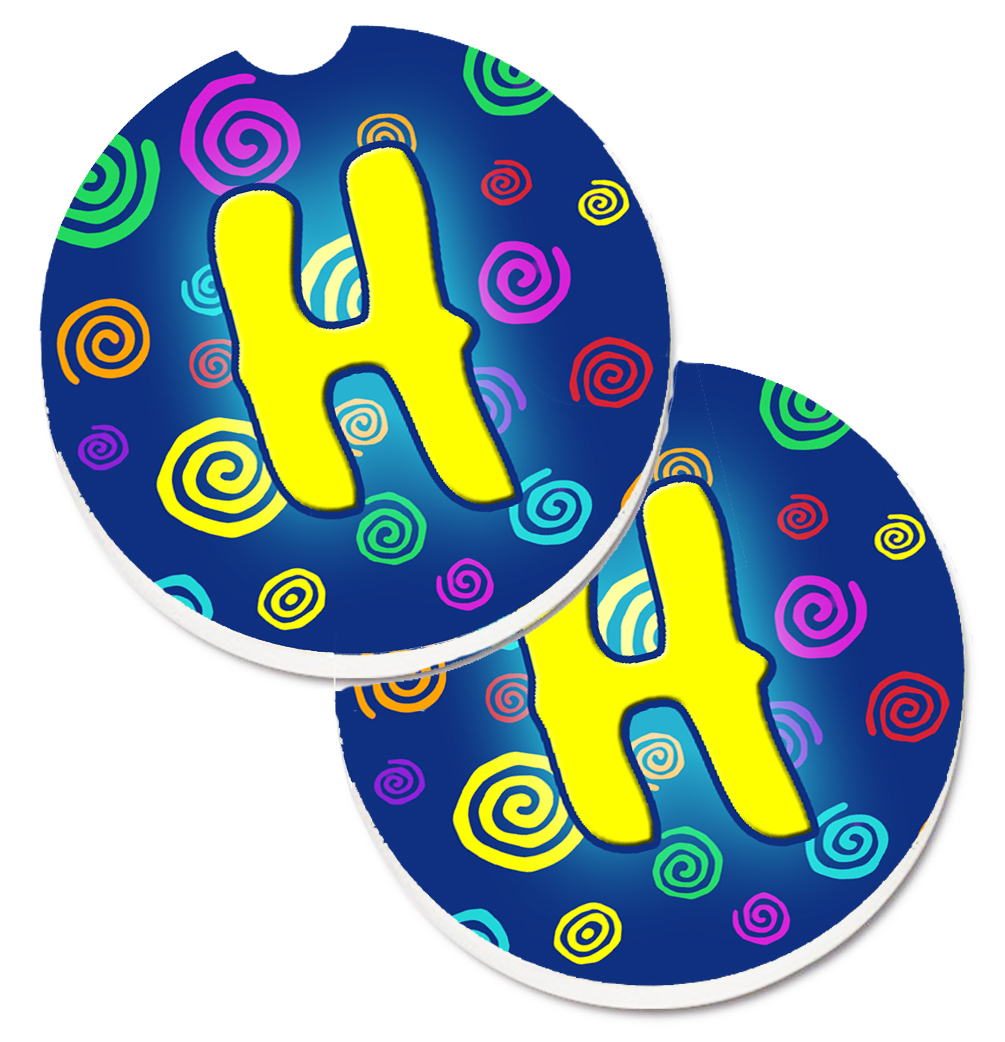 CJ1011-HCARC Letter H Initial Monogram Blue Swirls Set of 2 Cup Holder Car Coaster