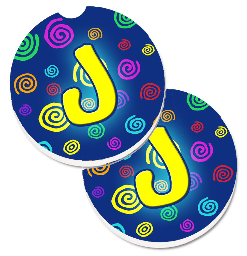 CJ1011-JCARC Letter J Initial Monogram Blue Swirls Set of 2 Cup Holder Car Coaster