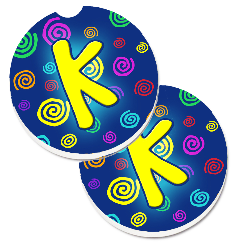 Letter K Initial Monogram Blue Swirls Set of 2 Cup Holder Car Coaster