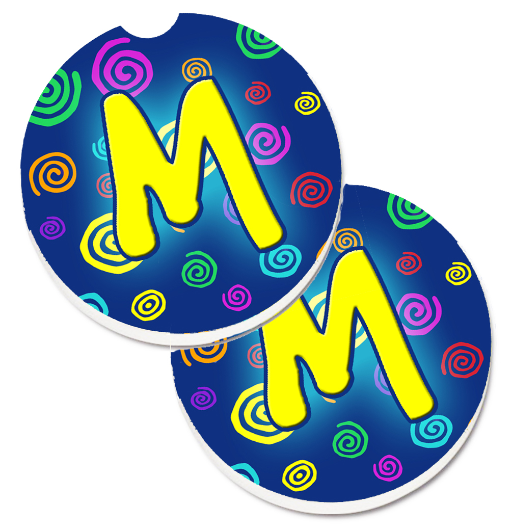 Letter M Initial Monogram Blue Swirls Set of 2 Cup Holder Car Coaster