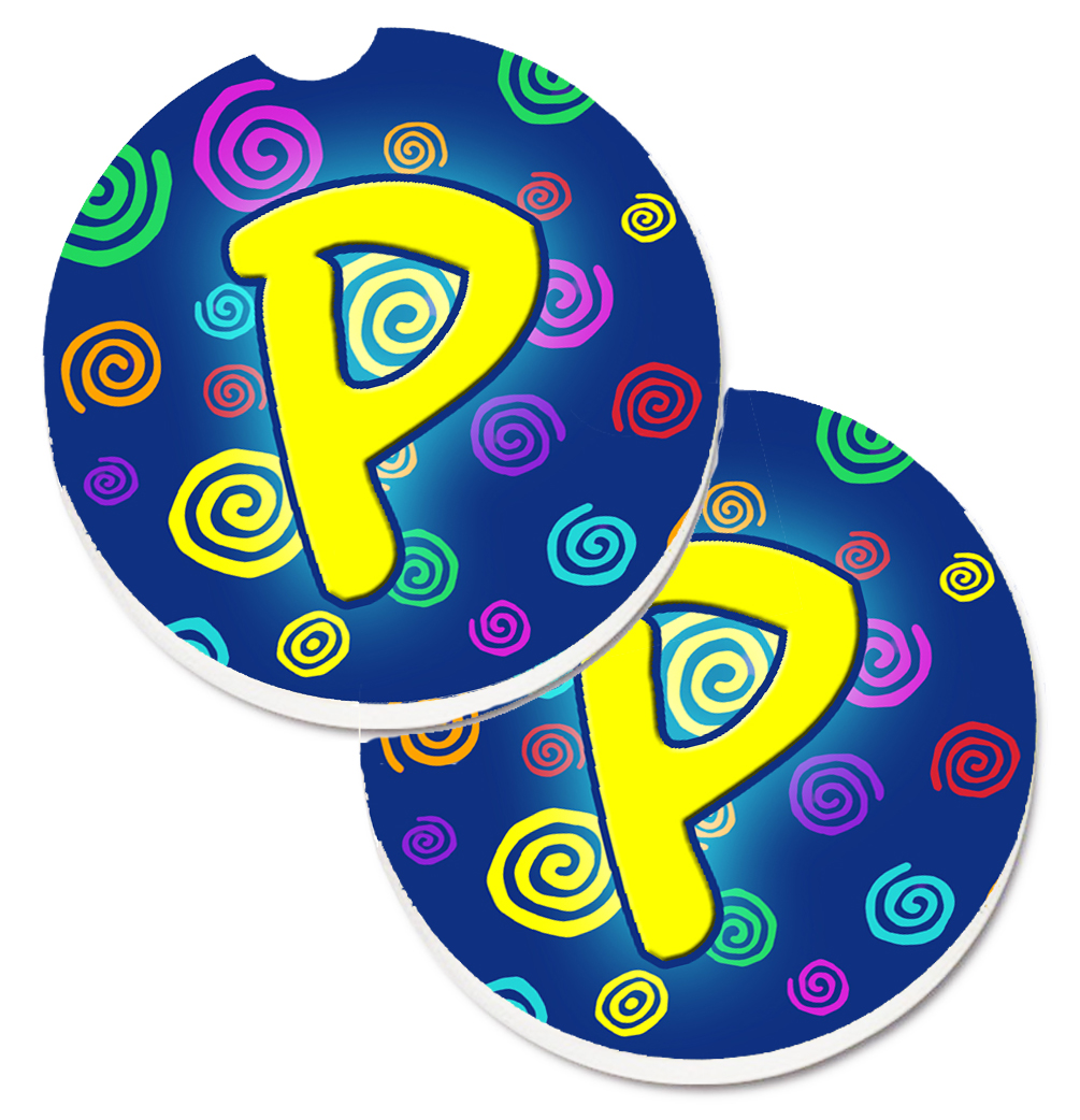 CJ1011-PCARC Letter P Initial Monogram Blue Swirls Set of 2 Cup Holder Car Coaster
