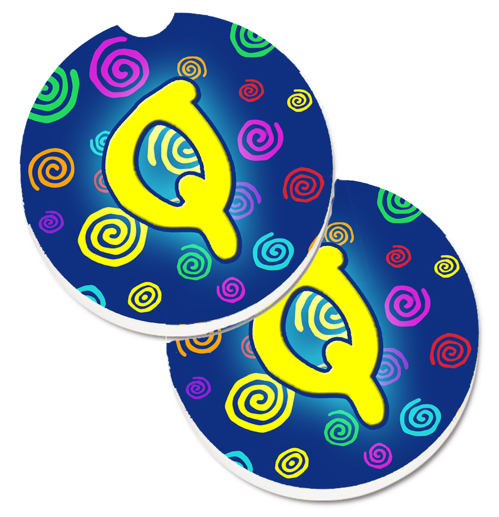 CJ1011-QCARC Letter Q Initial Monogram Blue Swirls Set of 2 Cup Holder Car Coaster