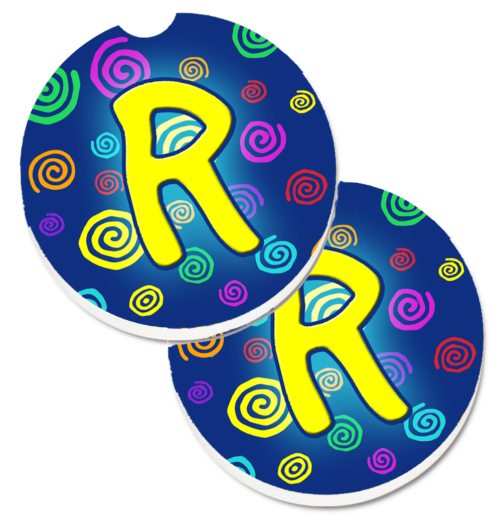 CJ1011-RCARC Letter R Initial Monogram Blue Swirls Set of 2 Cup Holder Car Coaster