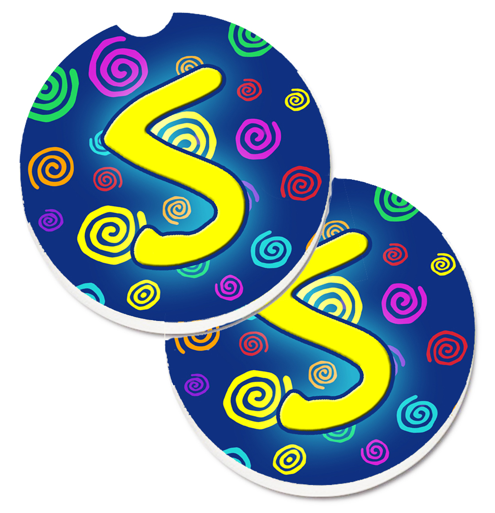 Letter S Initial Monogram Blue Swirls Set of 2 Cup Holder Car Coaster