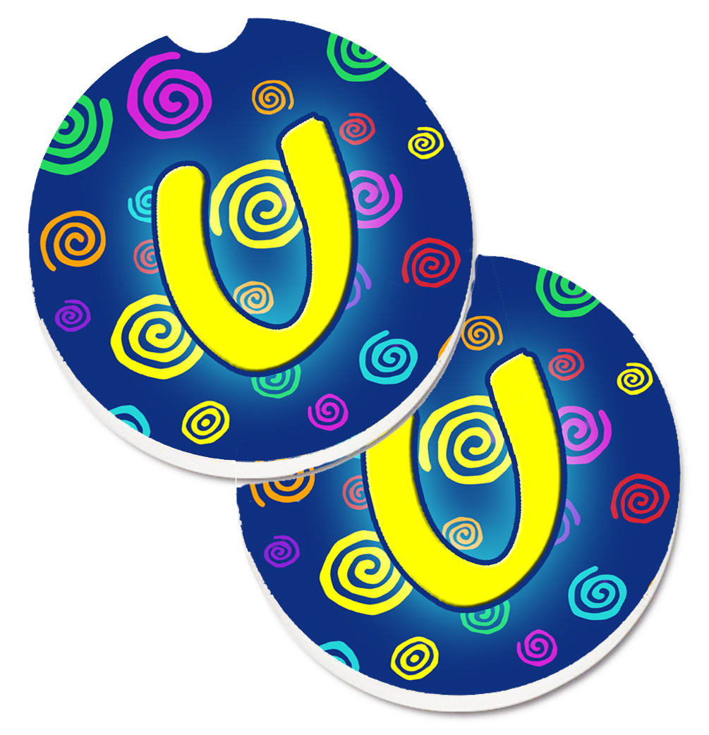 Letter U Initial Monogram Blue Swirls Set of 2 Cup Holder Car Coaster