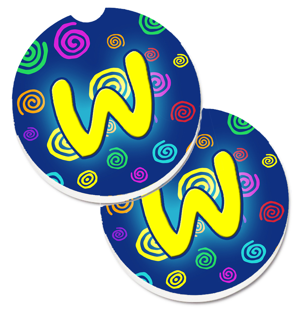 CJ1011-WCARC Letter W Initial Monogram Blue Swirls Set of 2 Cup Holder Car Coaster