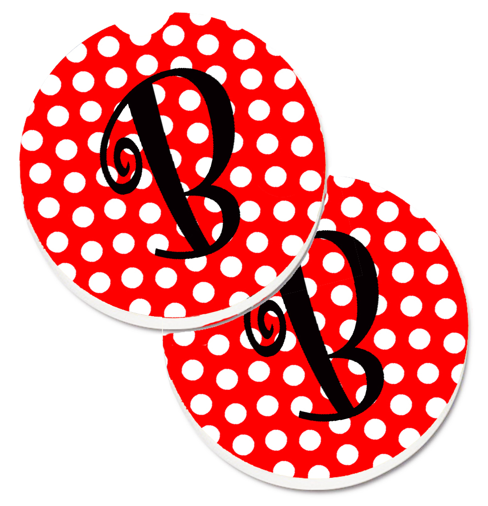 CJ1012-BCARC Letter B Initial Monogram Red & Black Polka Dots Set of 2 Cup Holder Car Coaster