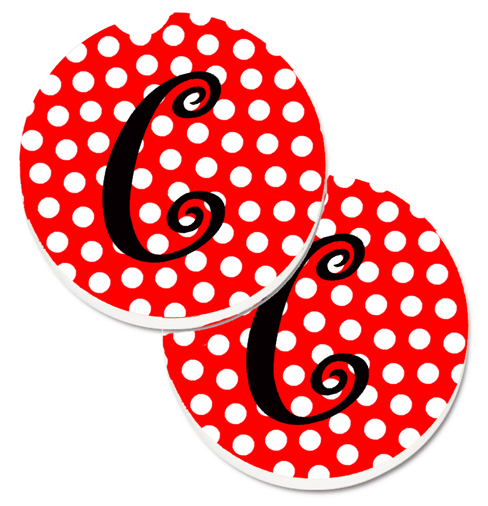 CJ1012-CCARC Letter C Initial Monogram Red & Black Polka Dots Set of 2 Cup Holder Car Coaster