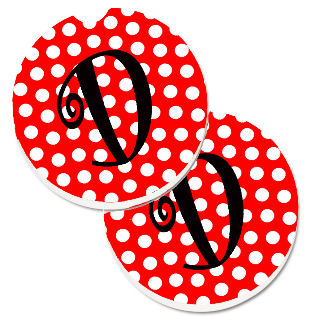 CJ1012-DCARC Letter D Initial Monogram Red & Black Polka Dots Set of 2 Cup Holder Car Coaster