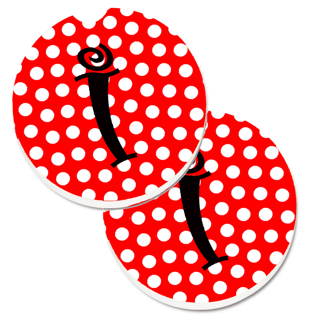 CJ1012-ICARC Letter I Initial Monogram Red & Black Polka Dots Set of 2 Cup Holder Car Coaster