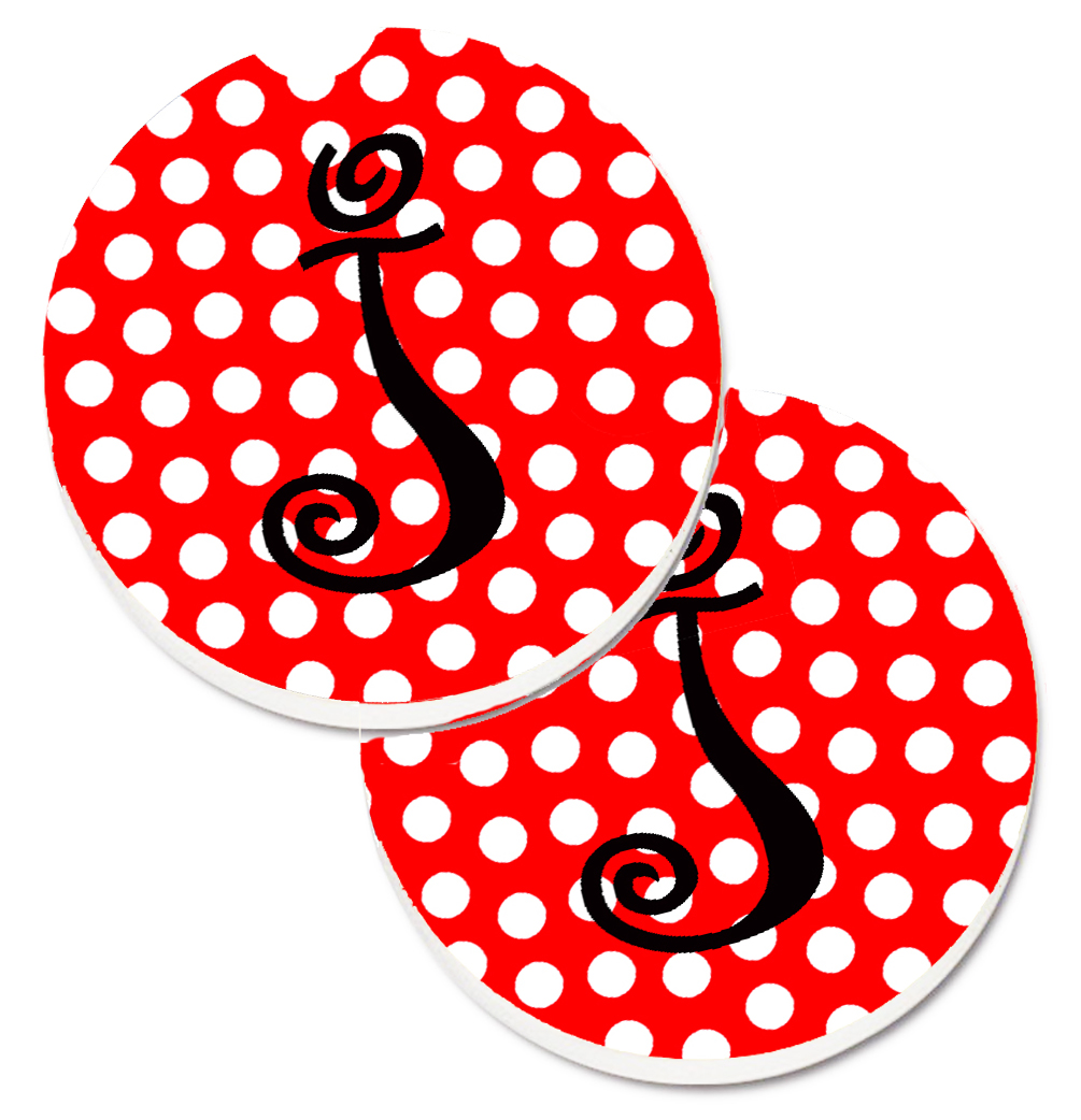 CJ1012-JCARC Letter J Initial Monogram Red & Black Polka Dots Set of 2 Cup Holder Car Coaster