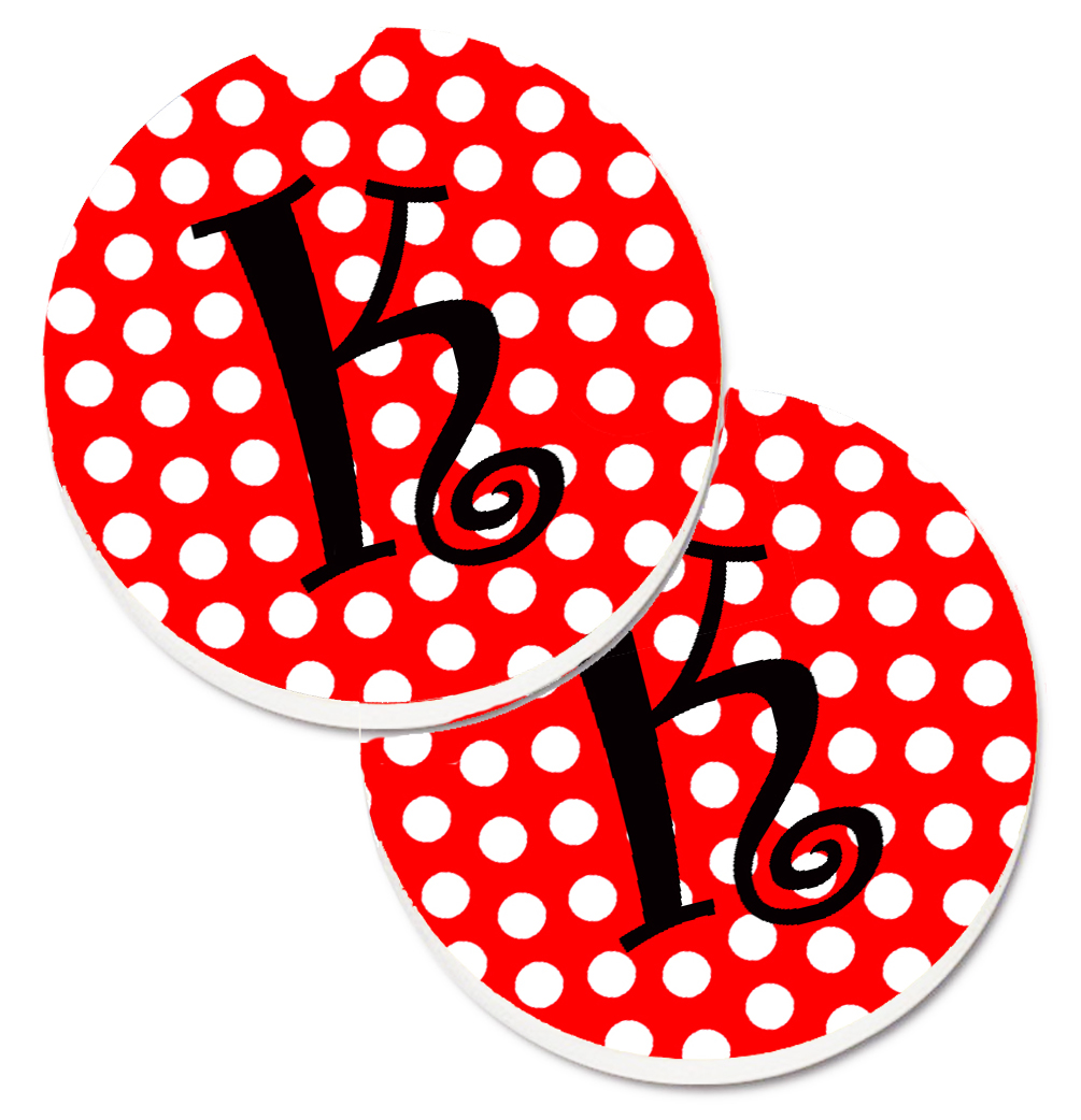 Letter K Initial Monogram Red & Black Polka Dots Set of 2 Cup Holder Car Coaster