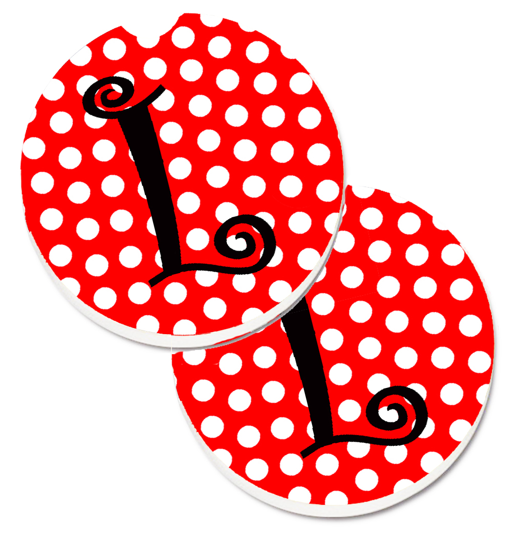 Letter L Initial Monogram Red & Black Polka Dots Set of 2 Cup Holder Car Coaster