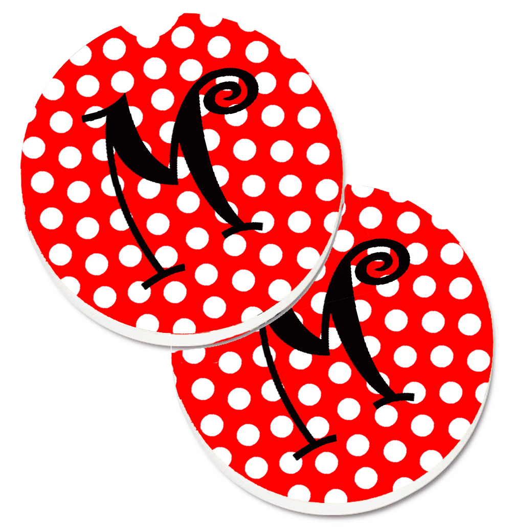 CJ1012-MCARC Letter M Initial Monogram Red & Black Polka Dots Set of 2 Cup Holder Car Coaster