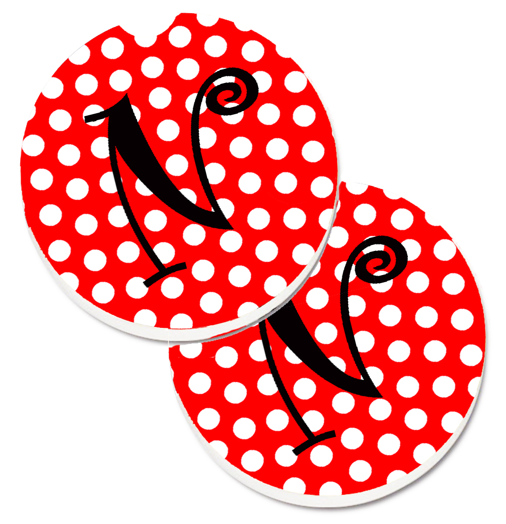 CJ1012-NCARC Letter N Initial Monogram Red & Black Polka Dots Set of 2 Cup Holder Car Coaster