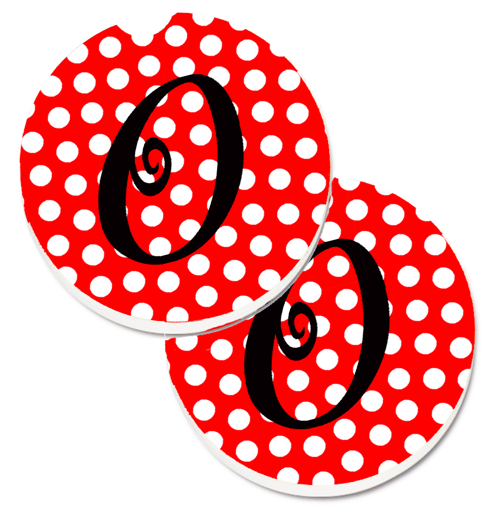 Letter O Initial Monogram Red & Black Polka Dots Set of 2 Cup Holder Car Coaster