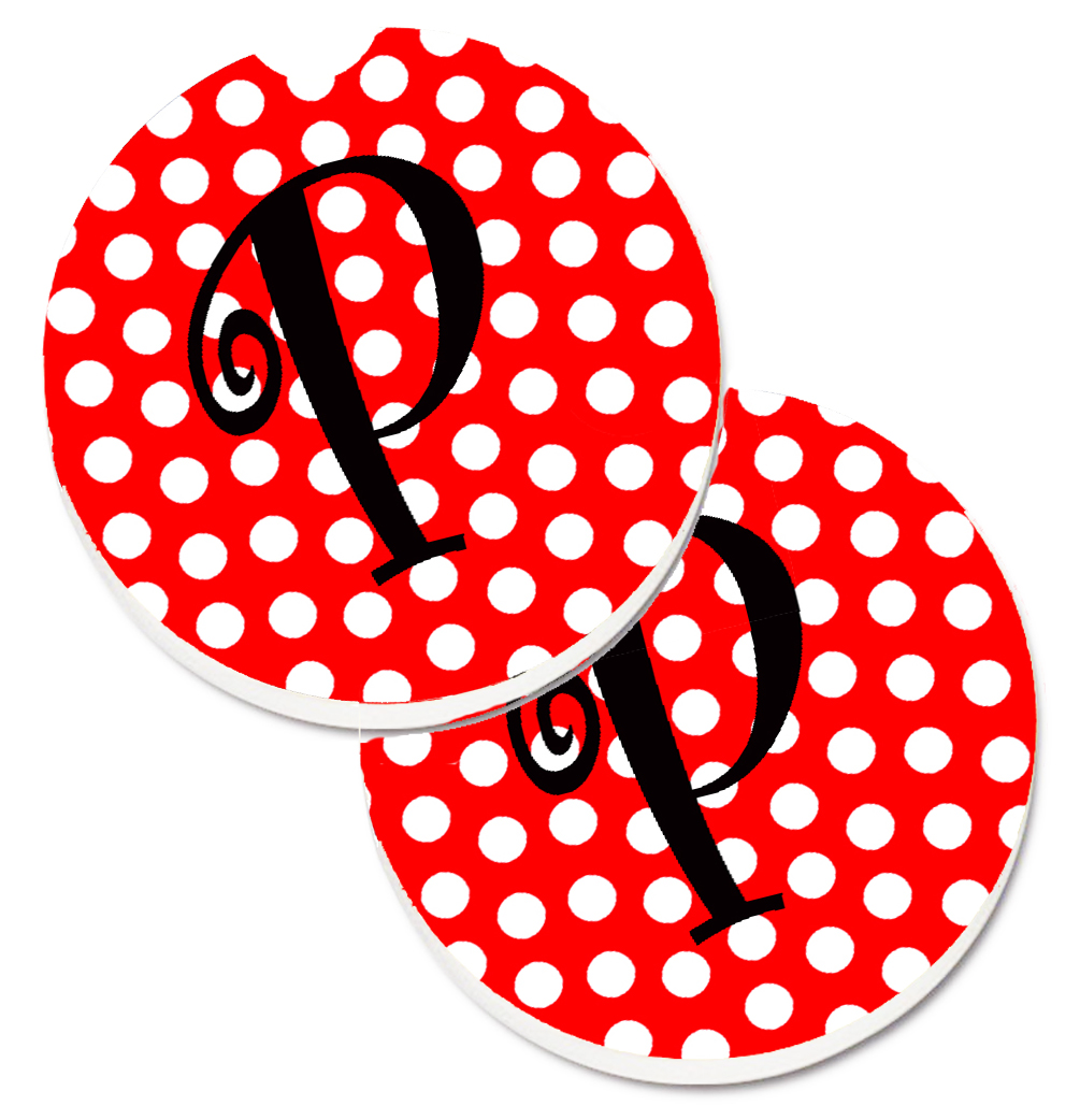 CJ1012-PCARC Letter P Initial Monogram Red & Black Polka Dots Set of 2 Cup Holder Car Coaster
