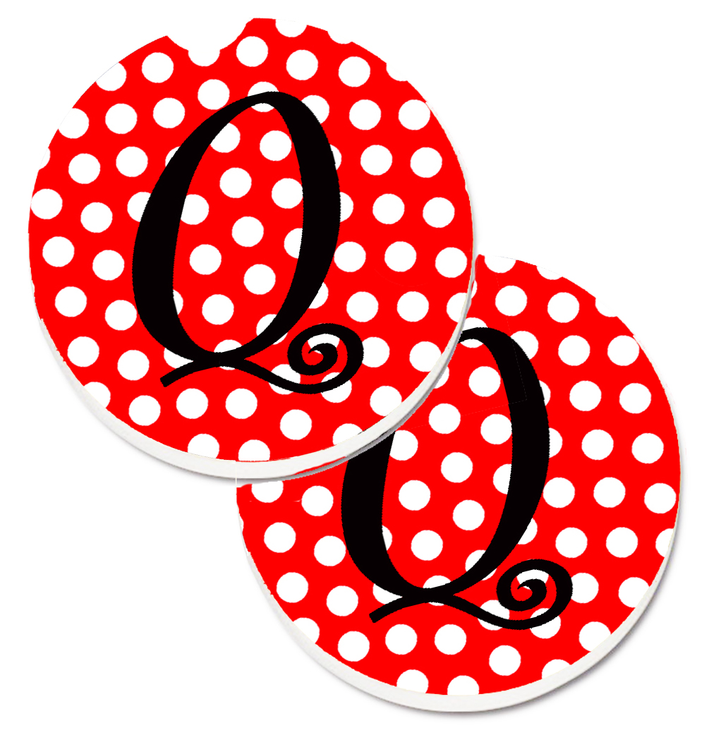 CJ1012-QCARC Letter Q Initial Monogram Red & Black Polka Dots Set of 2 Cup Holder Car Coaster