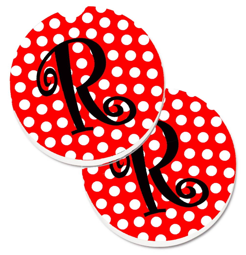 CJ1012-RCARC Letter R Initial Monogram Red & Black Polka Dots Set of 2 Cup Holder Car Coaster