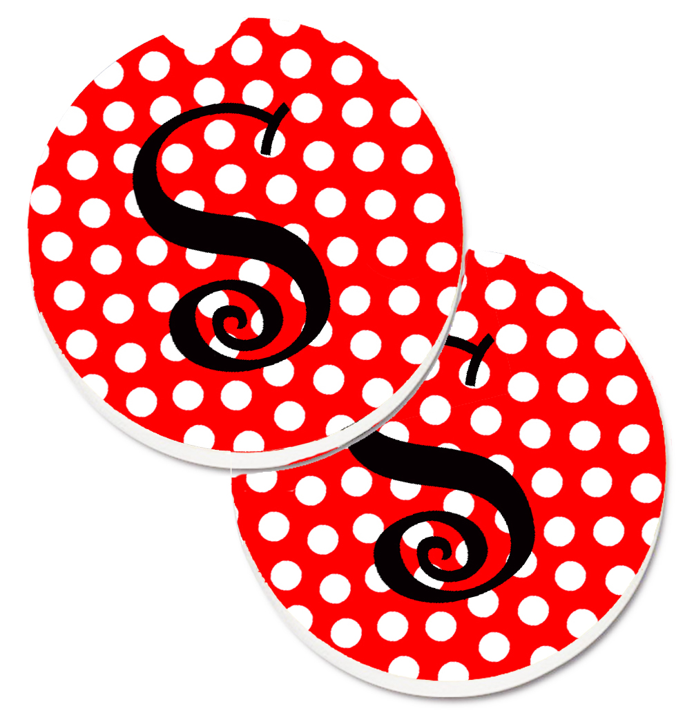 Monogram Initial S Red & Black Polka Dots Set of 2 Cup Holder Car Coaster