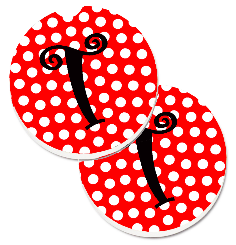 Monogram Initial T Red & Black Polka Dots Set of 2 Cup Holder Car Coaster