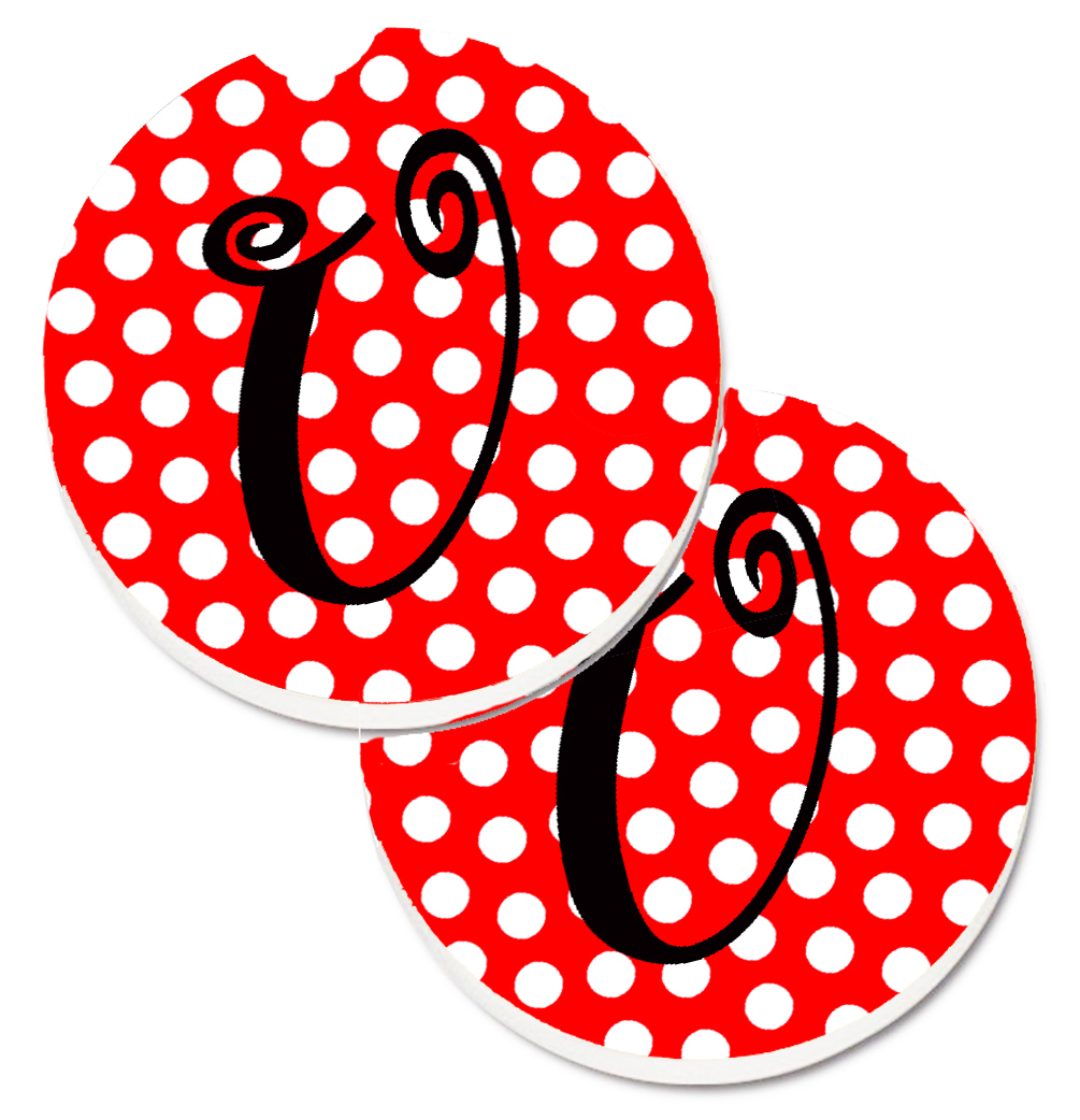 CJ1012-UCARC Monogram Initial U Red & Black Polka Dots Set of 2 Cup Holder Car Coaster