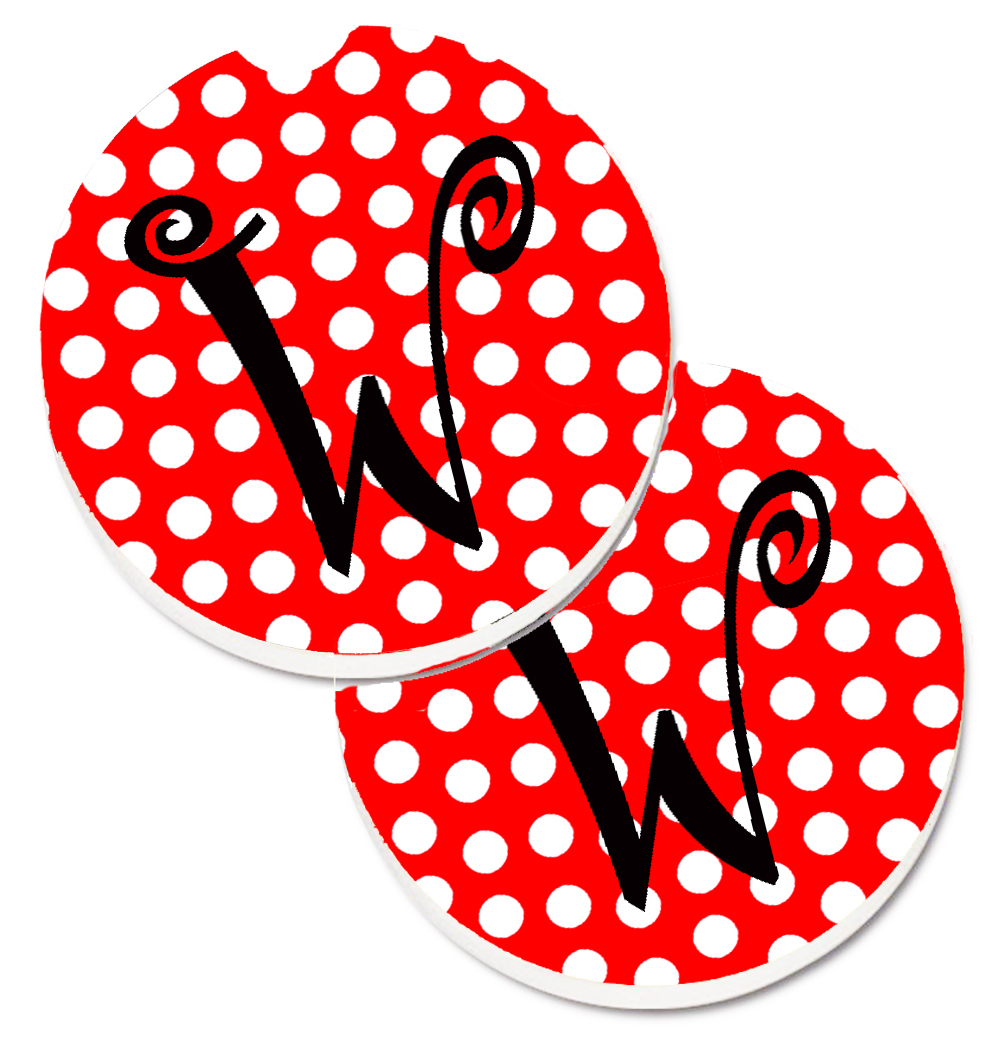 CJ1012-WCARC Monogram Initial W Red & Black Polka Dots Set of 2 Cup Holder Car Coaster