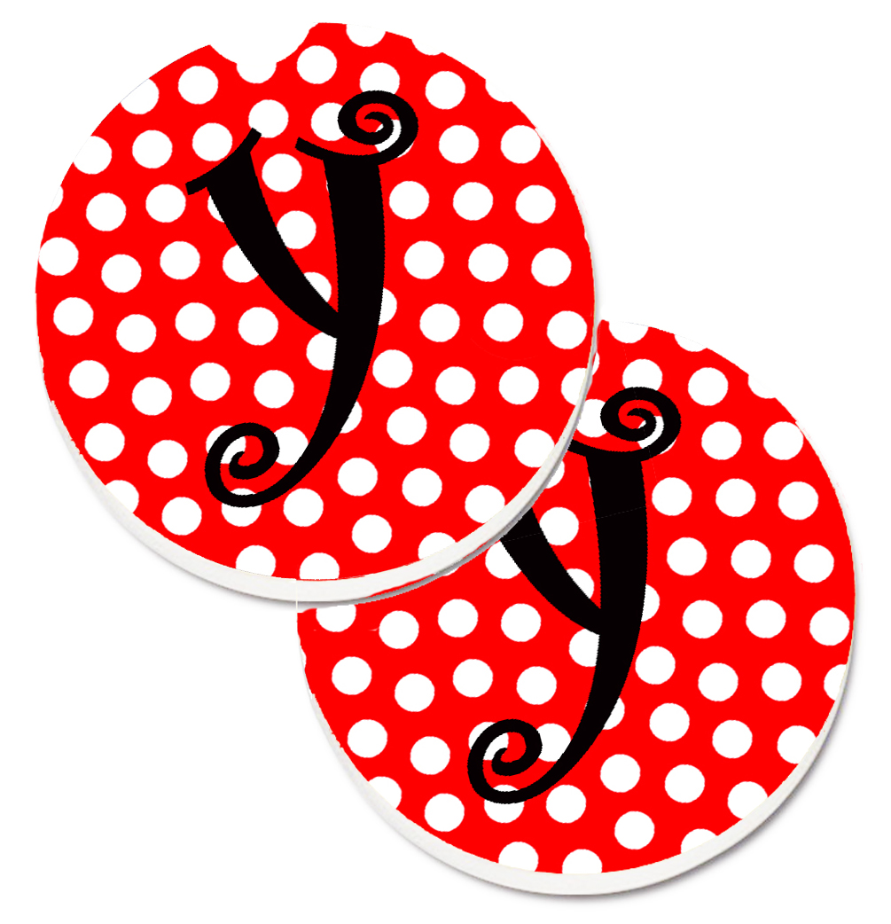 CJ1012-YCARC Monogram Initial Y Red & Black Polka Dots Set of 2 Cup Holder Car Coaster