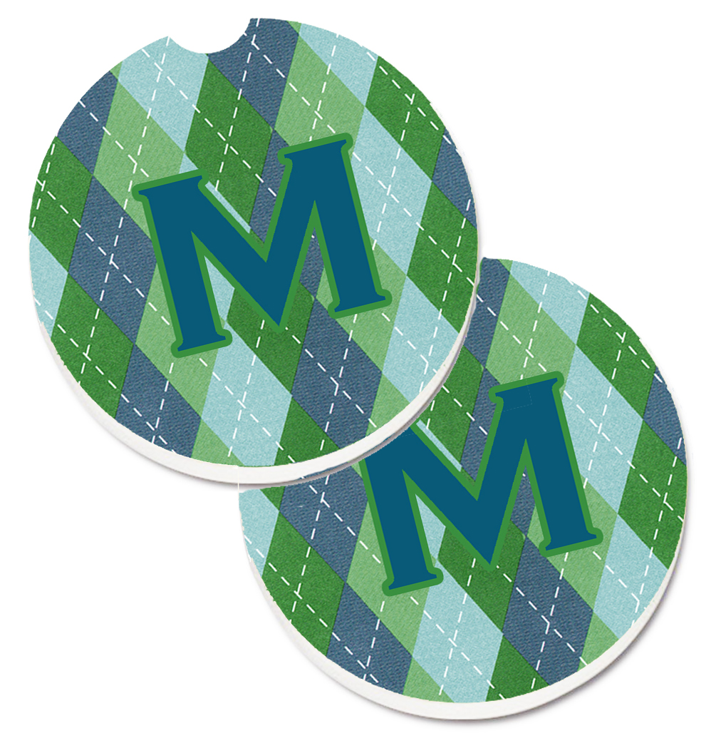 CJ1020-MCARC Monogram Initial M Blue Argoyle Set of 2 Cup Holder Car Coaster
