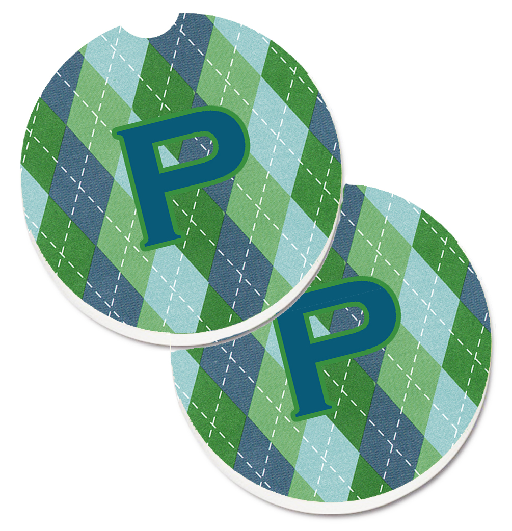 Initial P Monogram Blue Argoyle Set of 2 Cup Holder Car Coaster