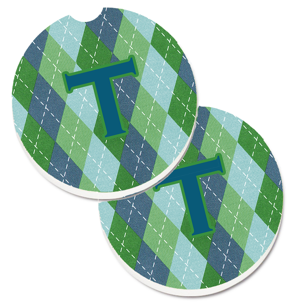 CJ1020-TCARC Initial T Monogram Blue Argoyle Set of 2 Cup Holder Car Coaster