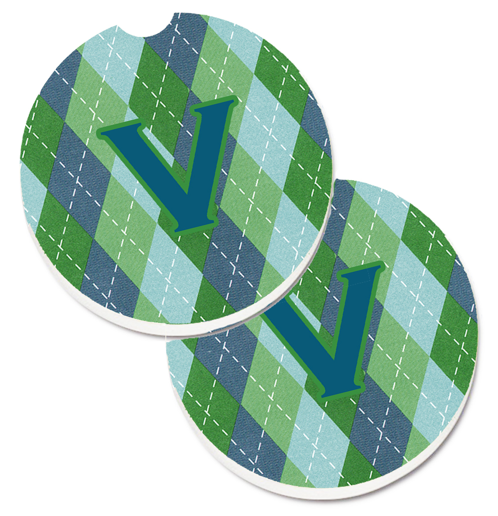 CJ1020-VCARC Initial V Monogram Blue Argoyle Set of 2 Cup Holder Car Coaster