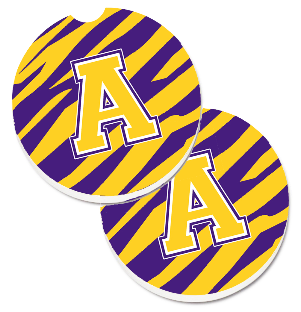 CJ1022-ACARC Letter A Monogram Tiger Stripe Purple & Gold Set of 2 Cup Holder Car Coaster