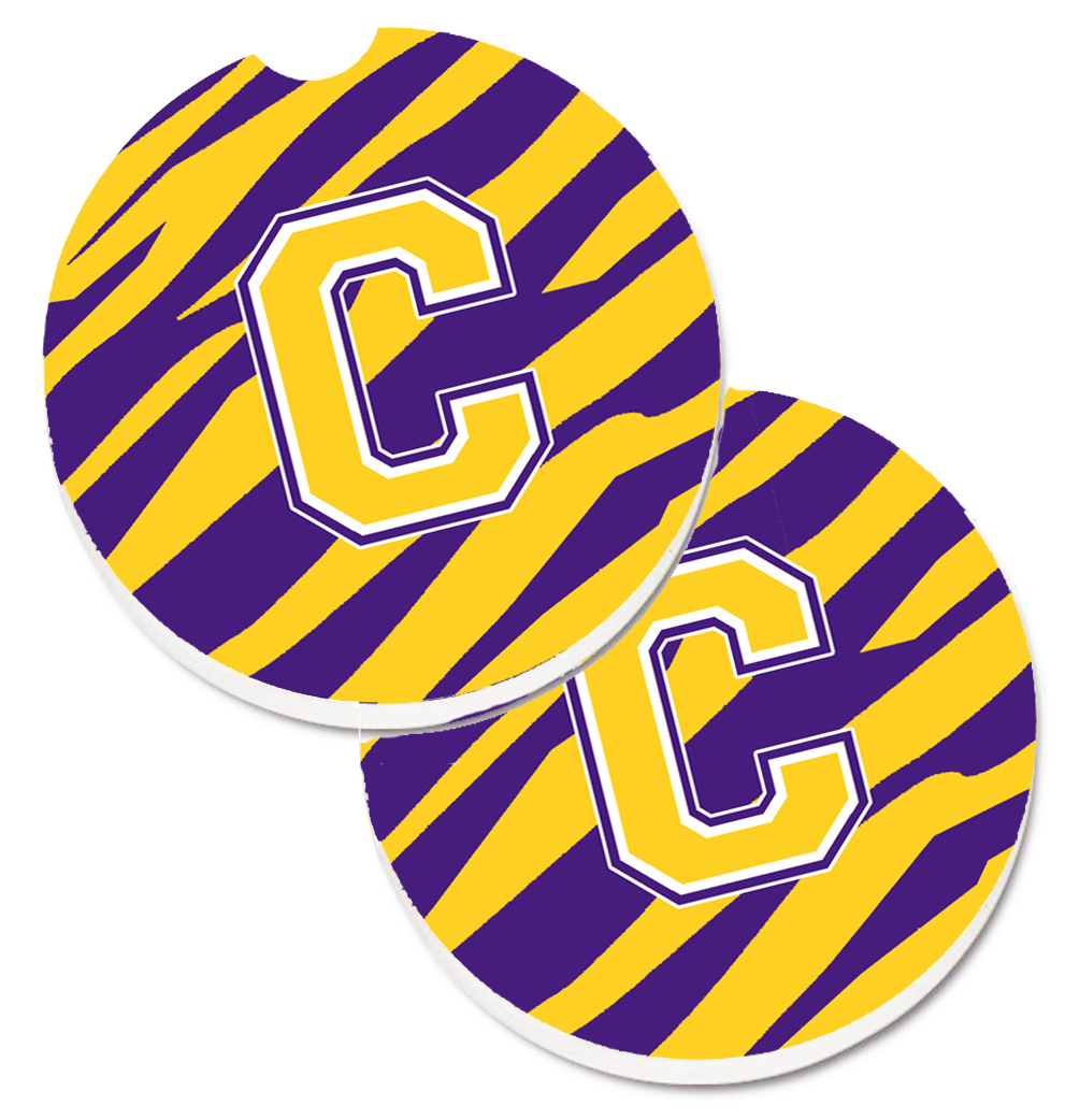 CJ1022-CCARC Letter C Monogram Tiger Stripe Purple & Gold Set of 2 Cup Holder Car Coaster