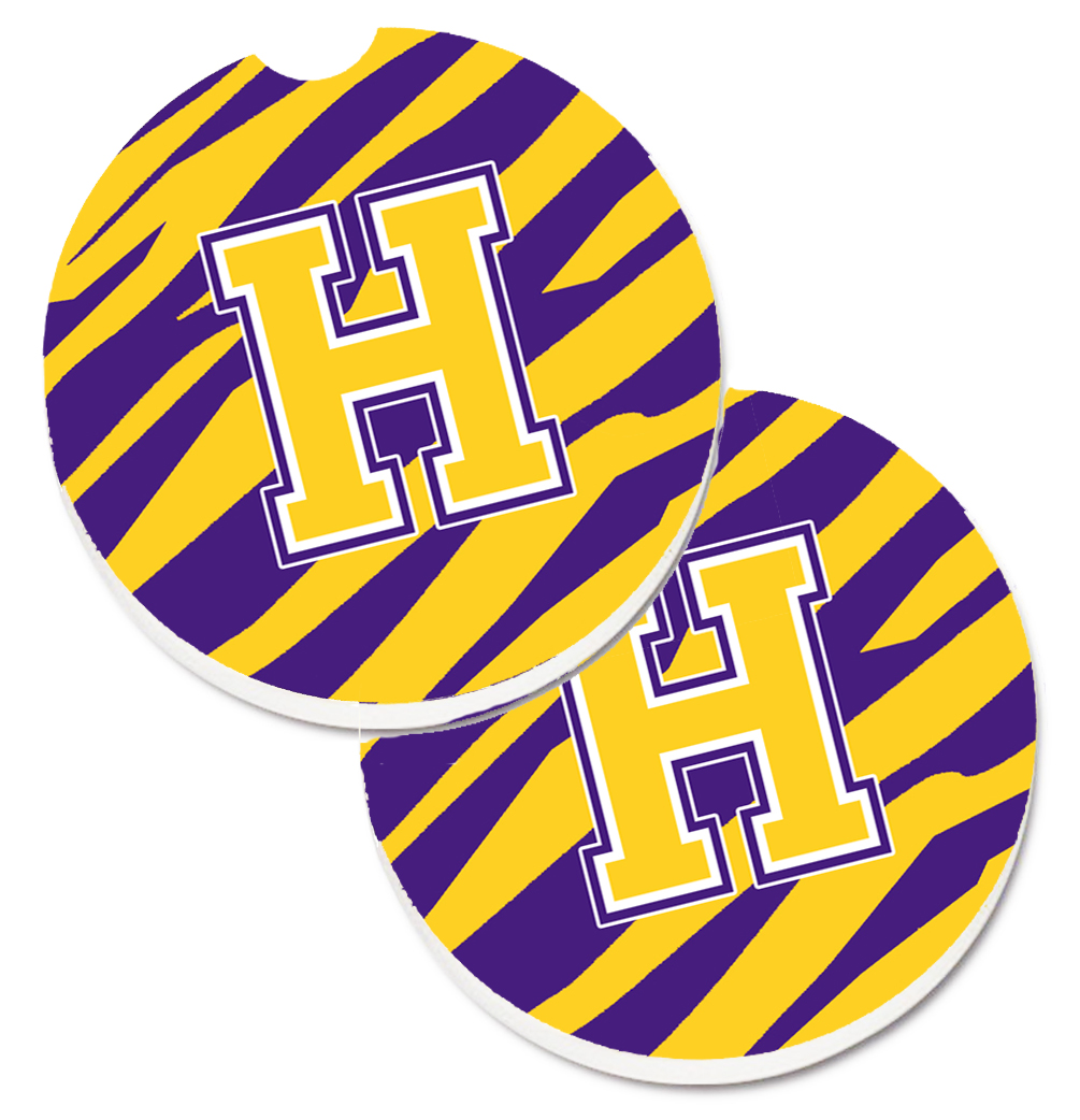 CJ1022-HCARC Letter H Monogram Tiger Stripe Purple & Gold Set of 2 Cup Holder Car Coaster