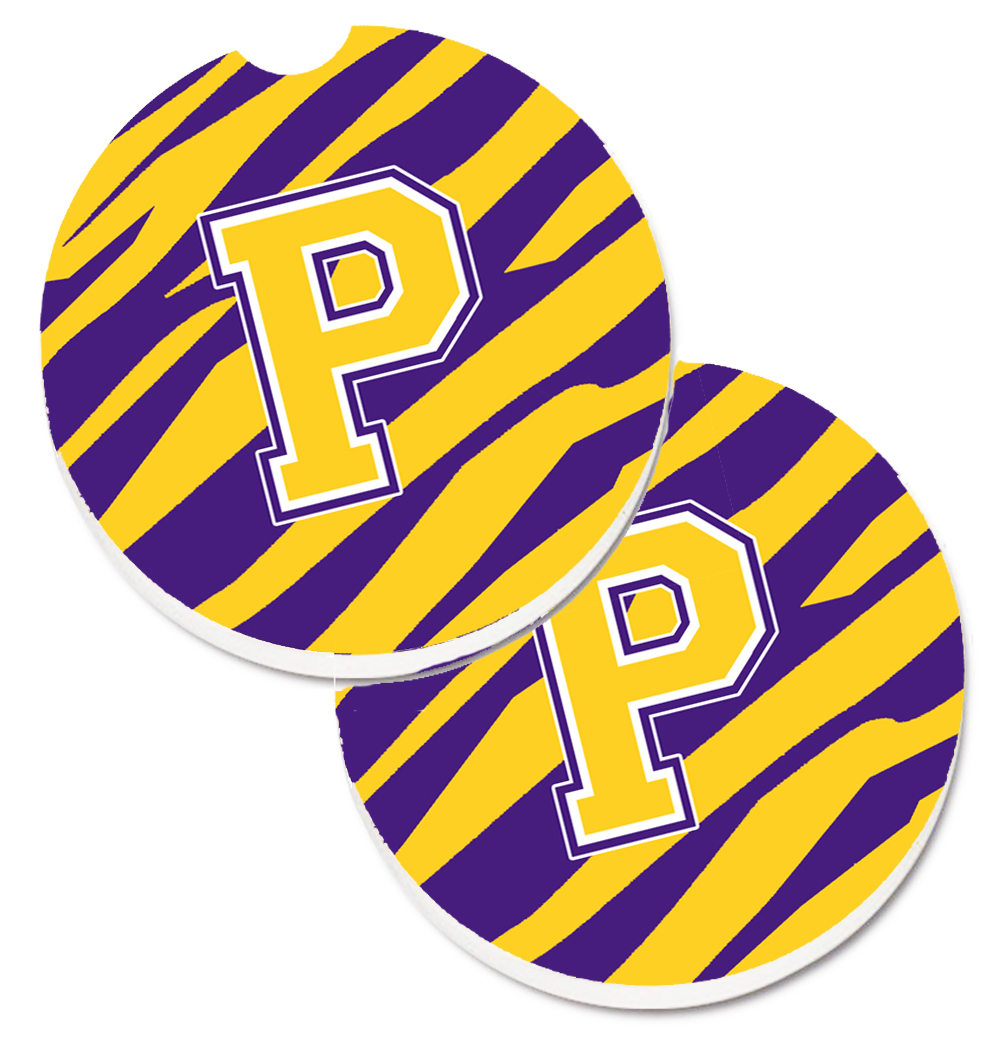 CJ1022-PCARC Letter P Monogram Tiger Stripe Purple & Gold Set of 2 Cup Holder Car Coaster