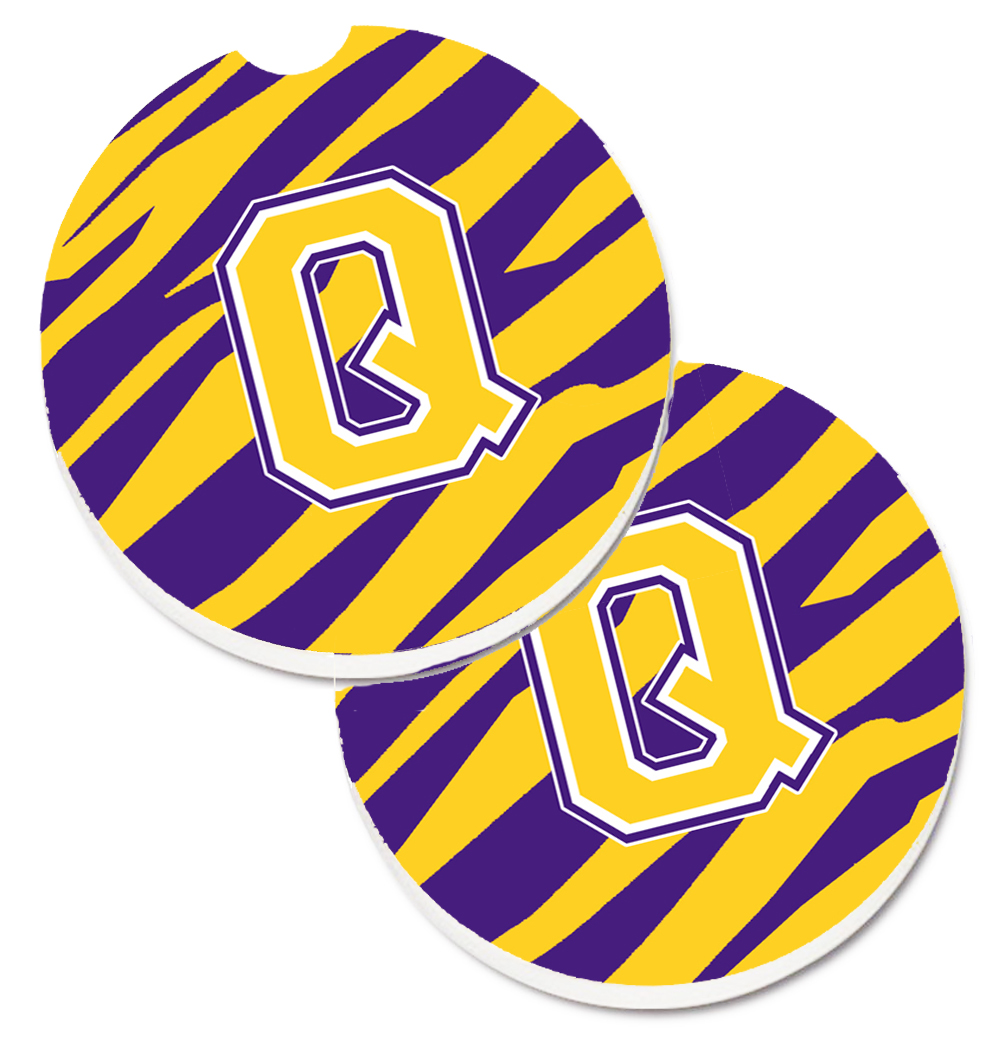CJ1022-QCARC Letter Q Monogram Tiger Stripe Purple & Gold Set of 2 Cup Holder Car Coaster