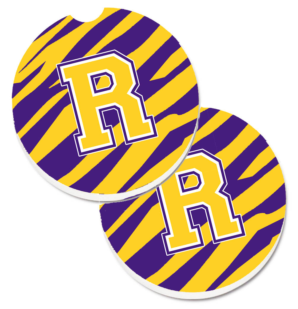 CJ1022-RCARC Letter R Monogram Tiger Stripe Purple & Gold Set of 2 Cup Holder Car Coaster