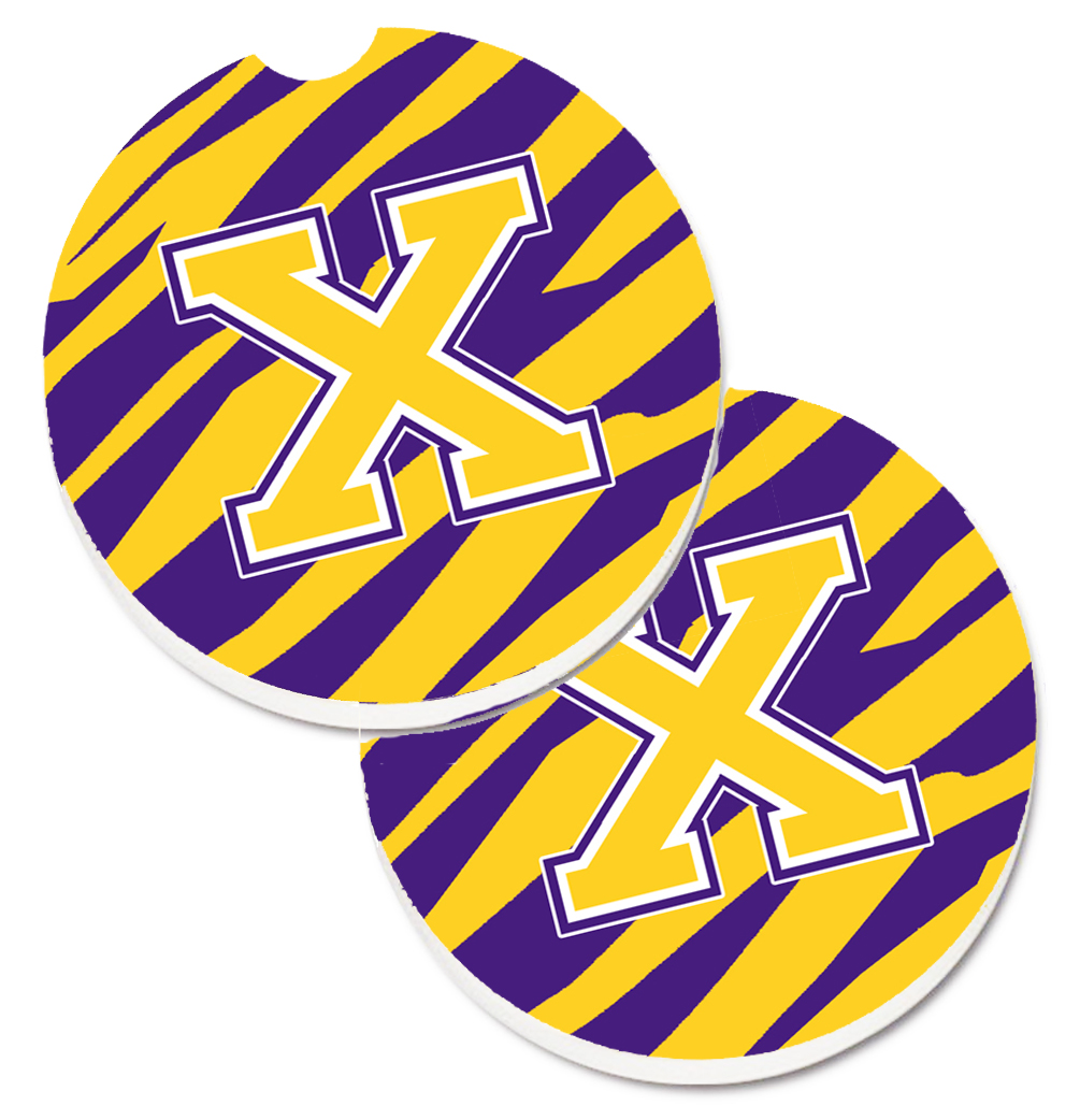 CJ1022-XCARC Letter X Monogram Tiger Stripe Purple & Gold Set of 2 Cup Holder Car Coaster