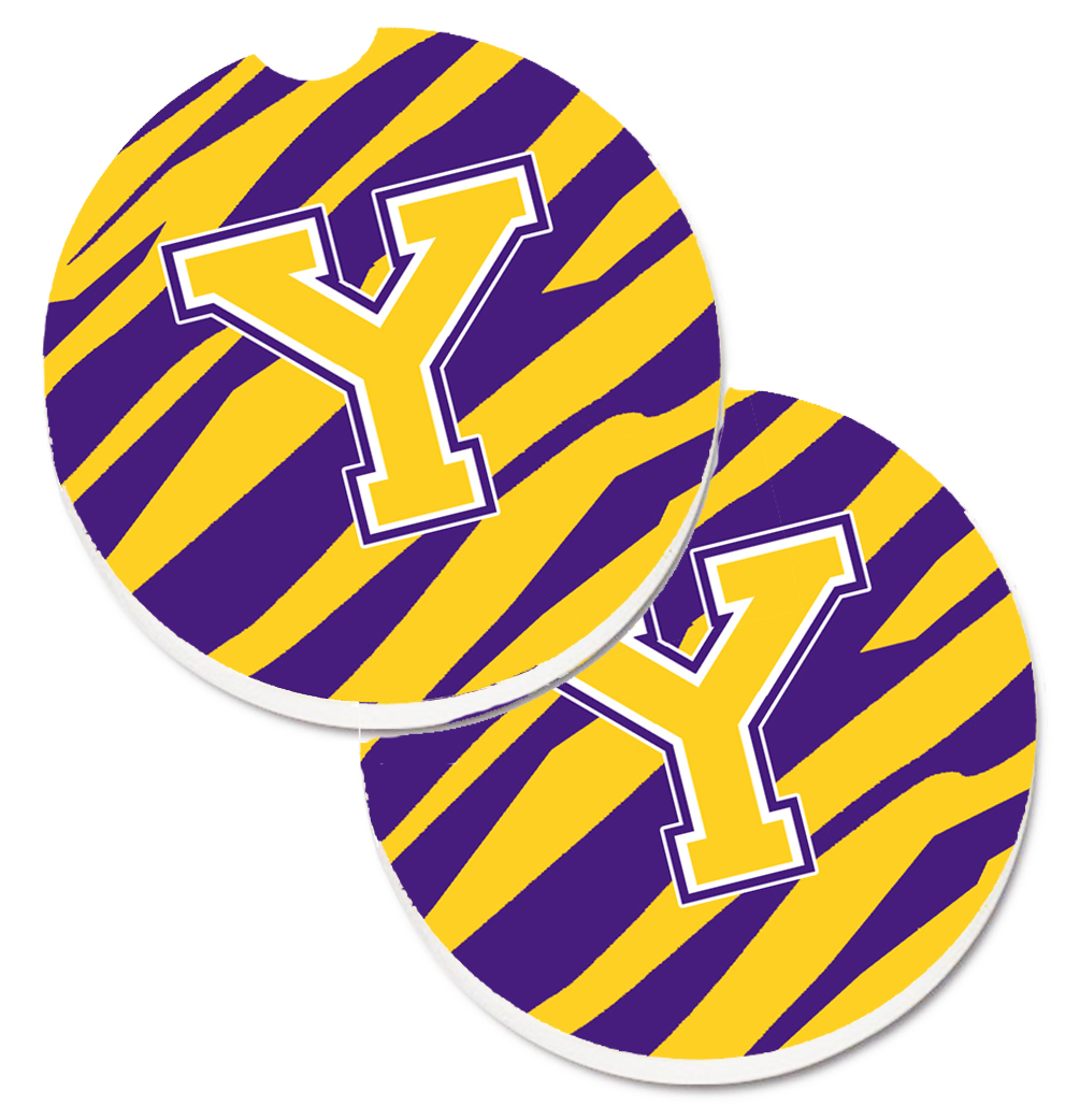 CJ1022-YCARC Letter Y Monogram Tiger Stripe Purple & Gold Set of 2 Cup Holder Car Coaster