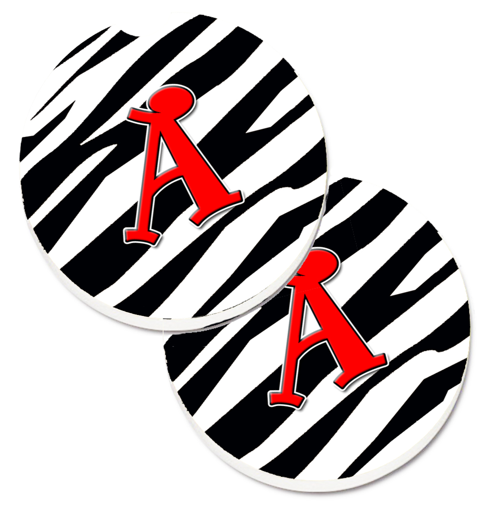 CJ1024-ACARC Letter A Monogram Zebra Stripe & Red Set of 2 Cup Holder Car Coaster