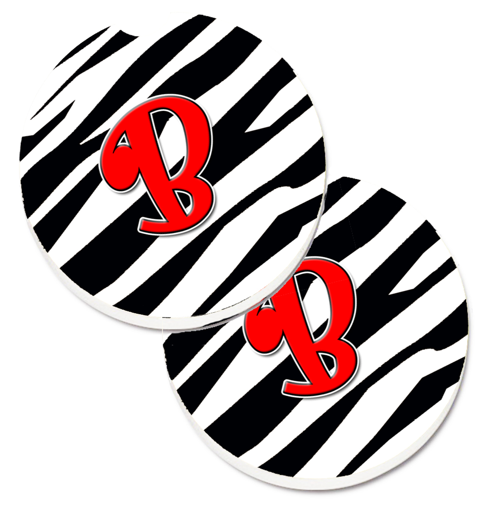CJ1024-BCARC Monogram Initial B Zebra Red Set of 2 Cup Holder Car Coaster